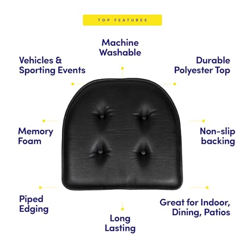 Sweet Home Collection Chair Cushion Memory Foam Pads Tufted Slip Non Skid Rubber Back U-Shaped 17" x 16" Seat Cover, Faux Leather Black 4 Count - color: Faux Leather Black, size: 4 Pack, style: Foam Pads