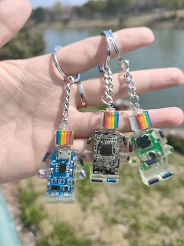 Upcycled Circuit Board Robot Keychain, Handmade Real PCB Resin Charm, Unique Cyberpunk Gift for IT - color: Green