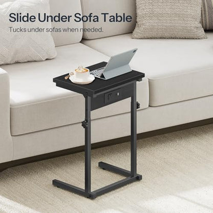 HOOBRO C-Shaped End Table with Charging Station, Adjustable Height Sofa Tray Side Table, Slide Under Couch Arm Table, Small C Side Table for Small Space in Living Room, Bedroom, Black BB71USF01 - color: Black