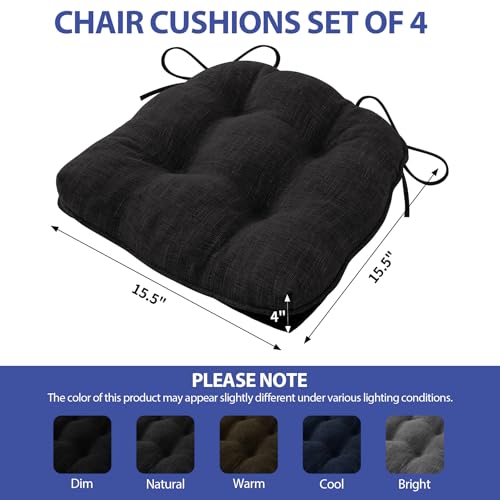 IPYNBAP Chair Cushions for Dining Chairs Set of 4, Kitchen Chair Cushions, Chair Pads with Ties and Non Slip Backing, Tufted Memory Foam Seat Cushion 4 Pack, 15.5" x 15.5" x 4", Black - color: Black, size: 15.5" x 15.5" x 4"