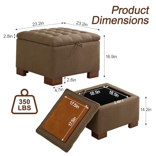WUTUTUEE 24" Fabric Square Storage Ottoman with Wooden Tray, Modern Tufted Button Footstool Coffee Table, Upholstered Small Ottoman for Living Room, Bedroom, Brown - color: Brown, size: 24 Inch