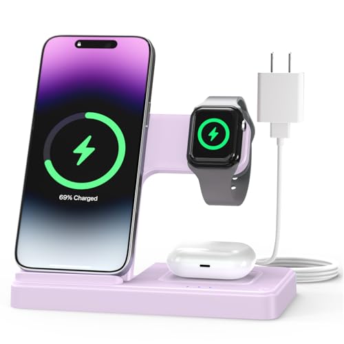Wireless Charger Stand Charging Station: 3 in 1 Charger Multiple Devices for Apple iPhone 17 16e 16 15 14 Pro Max 13 12 11 for Watch 11 10 9 8 7 6 5 4 3 2 SE and Ultra & Airpods Series, Light Violet - color: Light Violet