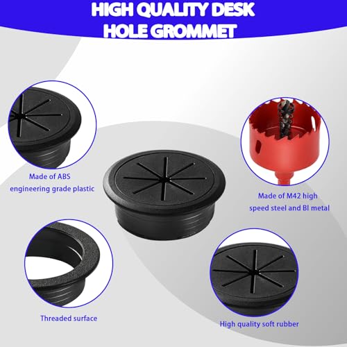 Desk Grommet 2 Inch (50mm) 10-Pack - Black Cable Grommet with Hole Saw & 10 Zip Ties - Desk Hole Cover for Wires, Cable Pass-Through for Office, TV Stand, Workstation - ABS Plastic