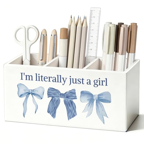Coquette Blue Bow Pen Pencil Holder for Desk, Preppy Desk Decor, I'm Literally Just a Girl Preppy Aesthetic Wooden Box Sign Decorations for Girls Bedroom Room Dorm Tabletop - color: 02-I'm Literally Just a Girl(white-Blue)