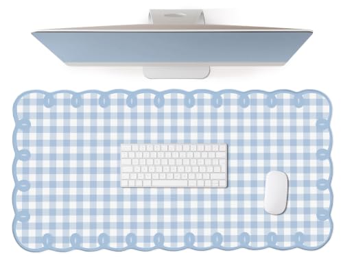 Cute Blue Scalloped Desk Mat Gingham Checkered Large Mouse Pad Kawaii Vintage Farmhouse-Inspired Cottagecore Office Desk Decor Stitched Nonslip Pad for Computer Keyboard & Mouse 31 * 15.7in - color: A1- Blue