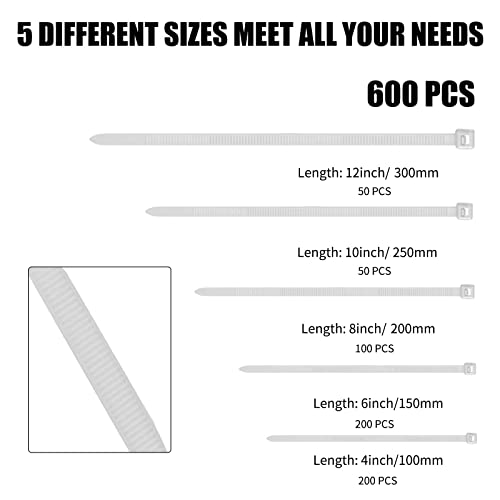 Cable Zip Ties,600 Piece Self-Locking Nylon Cable Ties,Assorted Sizes 4+6+8+10+12-Inch,Multi-Purpose Wire Management Plastic Ties,Perfect for Home,Garden,Office,Travel and Workshop.White - color: White, size: 4/6/8/10/12 Inch 600 Piece