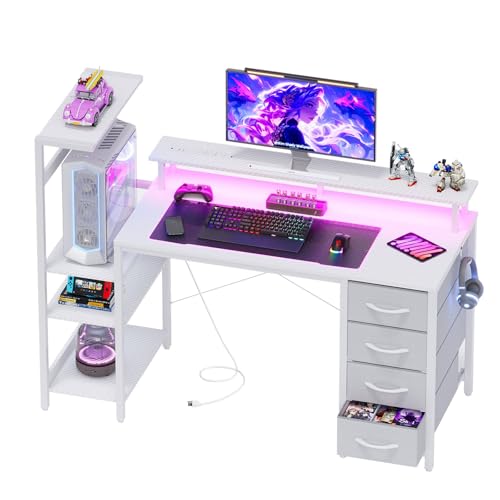 51 Inch Gaming Desk with Power Outlet and LED Lights, Computer Desk with 4 Drawers & Storage Shelves, Reversible Home Office Desk with Monitor Stand for Small Space Bedroom, Carbon Fiber White - color: White, size: 51 inch