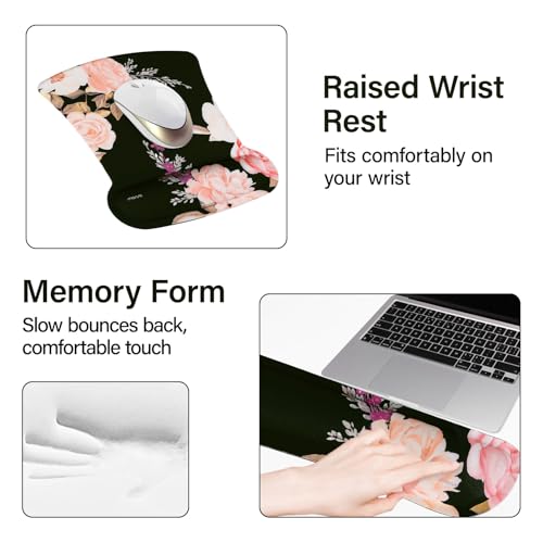 MOSISO Keyboard Mouse Pad Set, Large Gaming Mousepad&Keyboard Wrist Rest&Mouse Pad with Wrist Rest&Coaster, Peony Ergonomic Non-Slip Mousepad with Raised Memory Foam for Home Office, Black