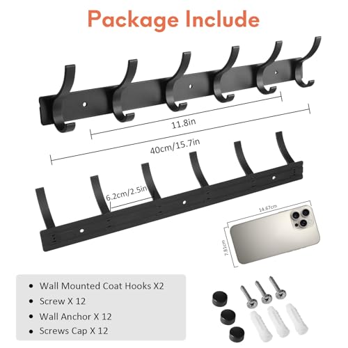 Optish Coat Rack Wall Mount, Wall Hooks for Hanging, Entry Coat Hooks Coat Hanger, Hat Rack Holder for Wall, Key Holder Purse Racks, Towel Rack for Bathrooms (2 Pack, Black) - color: Black, size: 2 Pack-12 Hook