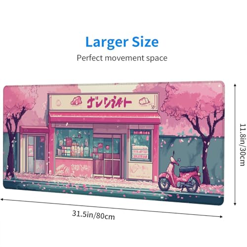 Japanese Anime Mouse Pad Pink Cherry Tokyo Street Aesthetic Large Gaming Mouse Mat with Stitched Edges,Non-Slip Waterproof Rubber Base Mous Mat Office Computer Keyboard Laptop Home 31.5x11.8 Inch - color: Japanese Anime, size: 31.5" x 11.8"