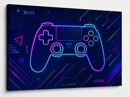 ICE ARMOR Large Neon Game Zone Controller Wall Art Minimal Gaming Line Art Canvas Print Blue Background Modern Gamer Bedroom Decor 24x36 Inch Frameless Ready to Hang