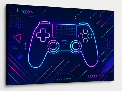 ICE ARMOR Large Neon Game Zone Controller Wall Art Minimal Gaming Line Art Canvas Print Blue Background Modern Gamer Bedroom Decor 24x36 Inch Frameless Ready to Hang