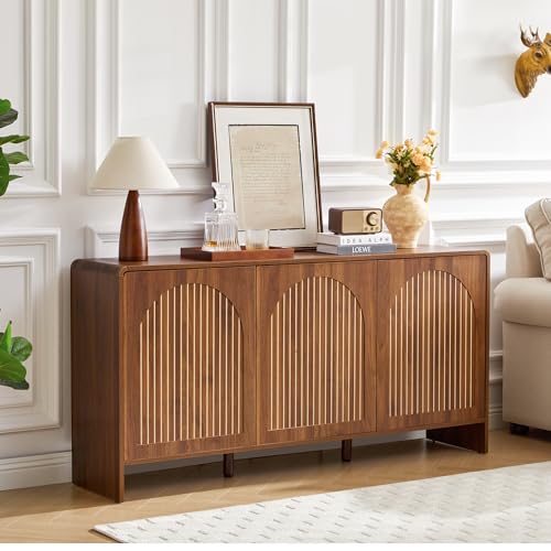 59" Long Buffet Cabinet with Storage, 3 Door Sideboard Kitchen Cabinet with Adjustable Shelf, Wood TV Stand Console Table for Living Room, Arched Accent Sorage for Coffee Bar (3 Doors - Walnut)