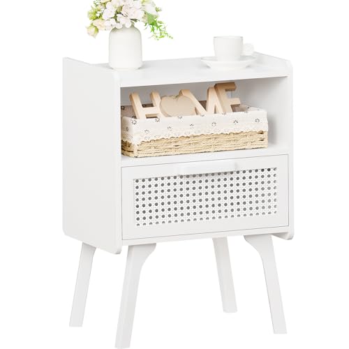 Lerliuo Rattan Nightstand, Side Table with Drawer Open Shelf, Cane Accent Bedside End Table with Solid Wood Legs, Mid Century Modern Night Stand for Bedroom, Dorm and Small Spaces (White) - color: White, size: 1 pack