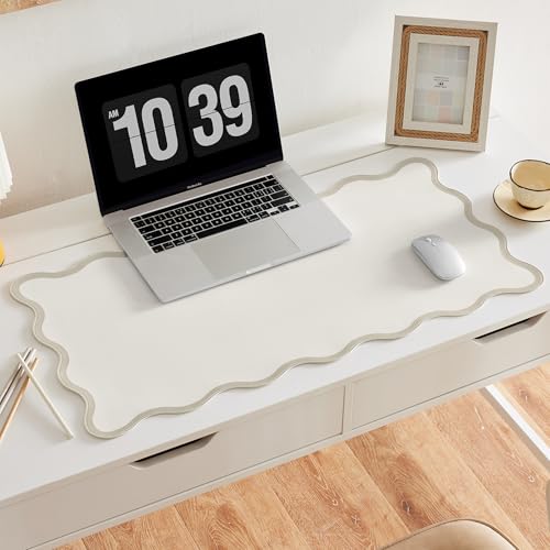 Beige Scalloped Desk Mat, 31.5" x 15.7", PU Leather, Waterproof Anti-Slip, Cute Aesthetic Desk Pad for Office/Home/Game - color: Beige