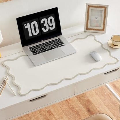 Beige Scalloped Desk Mat, 31.5" x 15.7", PU Leather, Waterproof Anti-Slip, Cute Aesthetic Desk Pad for Office/Home/Game - color: Beige