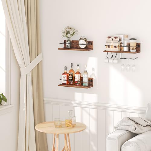 HOOBRO Wall Mounted Wine Rack 3 Pack, Wine Shelf Hanging Floating Wall Shelves, Wine Glass Bottle Rack Stemware Holder, for Living Room, Dining Room, Kitchen, Rustic Brown and Black BF33BJ01