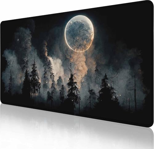 Gaming Mouse Pad, Large Mouse Pads for Desk, Non-Slip Rubber Base Mousepad, Keyboard Mouse Mat, Desk Pad with Stitched Edges, 31.5x15.7 inch Full Moon in The Night Sky Forest Landscape - color: Full Moon in the Night Sky Forest, size: 31.5L x 15.7W inches