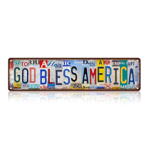 Vintage God Bless America Metal Tin Signs Wall Decor | Man Cave Street Signs 16 x 4 Inches - color: God Bless America