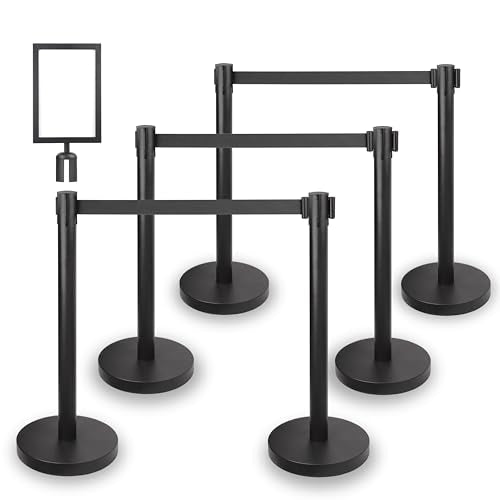 Crowd Control Stanchions w/Retractable Belt Sign Topper 6 Pack | 6.6ft / 2m Retractable Belt Barriers with Durable Refillable Enlarged Base for Crowd Control & Queue Management - size: 6 PCS