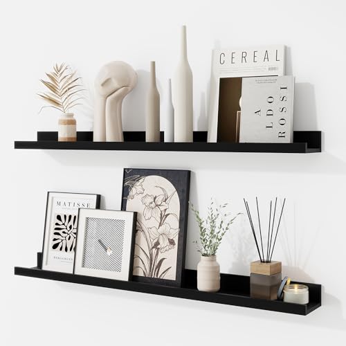 RICHFOCUS Picture Ledge Shelf, 30 inch Floating Shelves Set of 2, Wood Wall Shelves with Lip, Wall Decor Storage for Bedroom Living Room Bathroom Kitchen Nursery Photo Picture, Black - color: Black, size: 30 Inch, set of 2
