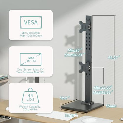 Suptek Dual Monitor Stand with Base Vertical Stack Screen Free-Standing Monitor Riser Fits Two Screen Max 36" & One Screen Max 43" with Swivel, Tilt, Height Adjustable,50,75 and 100mm Vesa Base Stand - size: 13-43in(single)/13-36in(dual)