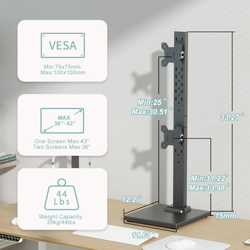 Suptek Dual Monitor Stand with Base Vertical Stack Screen Free-Standing Monitor Riser Fits Two Screen Max 36" & One Screen Max 43" with Swivel, Tilt, Height Adjustable,50,75 and 100mm Vesa Base Stand - size: 13-43in(single)/13-36in(dual)