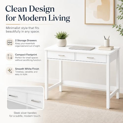 4NM 39.4" Small Desk with Wood Drawers, Home Office Computer Desk with Wooden Legs, Study Writing Table Vanity Desk for Small Spaces - White - color: White