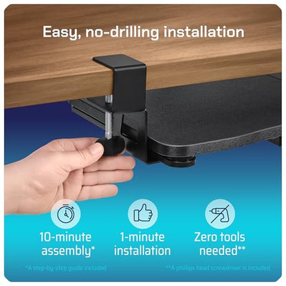 Keyboard Tray | Under Desk Keyboard Tray Slide Out w/Adjustable C-Clamps for Desks Up to 1.5-Inch-Thick | Clamp On Drawer with 1x USB-C to 4 USB-A Hub and 1x Five-Cable Management Organizer