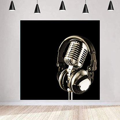 5x5ft Headphones Backdrop Black Photography Background for Adult's Party Decor Banner Photo Booth Studio Props BJAY11 - size: 5x5FT