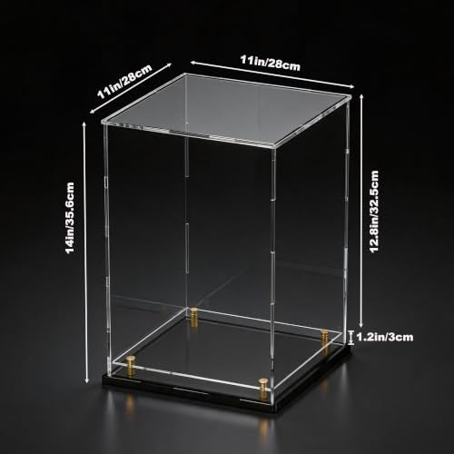 Acrylic Display Case for Collectibles, Dustproof Acrylic Box with Clear Display Elevation & Gold Risers, Large Display Case for Figures Toys Memorabilia, 11" L x 11" W x 14" H - size: 11"L x 11"W x 14"H