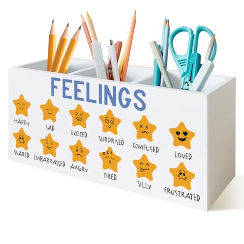 Mental Health Star Feelings Chart Classroom Pen Holder for Desk, Counselor Office Must Haves, Emotions Chart Wooden Box Sign Desk Storage Organizer for Calming Corner Therapy Office - color: Star Feelings