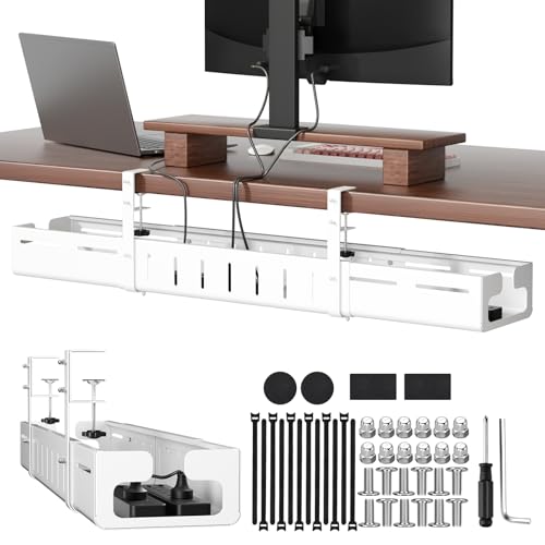 Under Desk Cable Management, Expandable 25.2"–38.6" Cable Management Under Desk No Drill, Heavy Duty Carbon Steel with Clamp, Hidden Cord Organizer for Desk, Home Office Standing Desk White - color: White