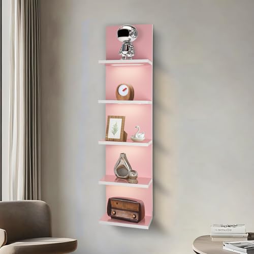 5 Tier Pink Wall Shelf Unit, Pink Shelves, Wall Shelves for Bathroom,Bedroom, Vanity Shelves, Wall Mount Vertical Lack Shelf with led - color: Pink