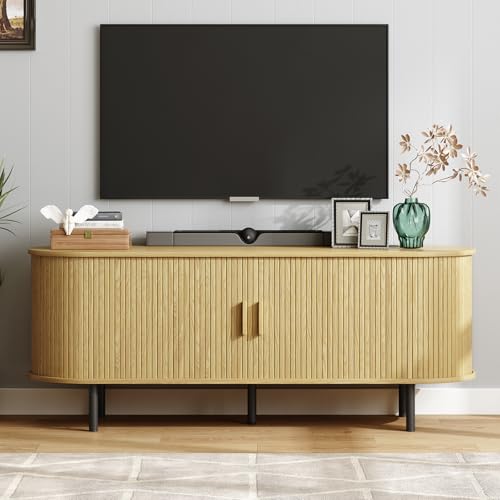 ONBRILL 63" TV Stand with Power Outlet for TVs up to 70 Inch, Entertainment Center with Storage and Adjustable Shelves, Modern Media Console with Sliding Doors for Living Room, Oak - color: Oak, size: 63 Inch
