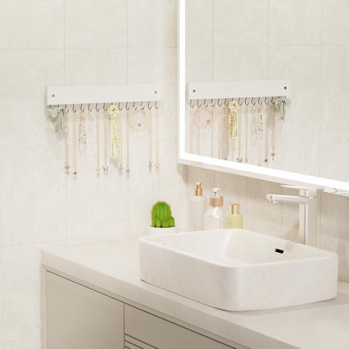 Lolalet Wooden Necklace Holder for Wall with 15 Hooks, Necklaces Hanger Easy Install Wall Mount Necklace Organizer, Jewelry Hangers for Chains, Bracelets, Earrings -White - color: White
