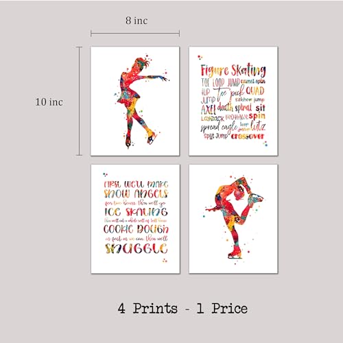 Inspirational Watercolor Ice Skater Girl Figure Skating Illustration Art Print Set for Girl's Bedroom Empowerment, Winter Sports Locker Team Boost, Young Spinner Surprises, Team Captain Honors, Coach Appreciation, Birthday Gifts - 8x10 Unframed Print Set