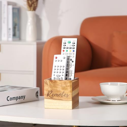 Remote Control Holder, Acacia Wooden Tv Remote Holder, Remote Holder for Table, Remote Control Storage Organizer Caddy (for 2 or 3 Remote Controls) 3.5 x3.5x3.5