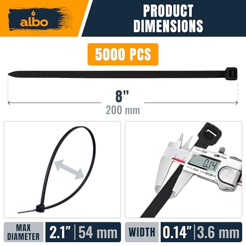 ALBO Zip Ties Black 8 Inch 5000 Pack 40 lb, Long Plastic Cable Ties Thick 0.14 Inch Tie Wraps Heavy Duty UV Resistant Nylon Wire Ties for Indoor and Outdoor / 5000pcs - size: 8" Black 5000 Pack 40lb
