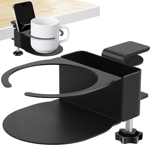 Desk Cup Holder for Coffee Mugs, Tumblers, Water Bottles with Mobile Phone Stand, Anti-Spill Metal School Home Office Accessories (Black-1) - color: Black-1