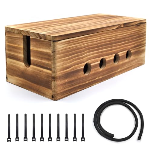 Large Cable Management Box, Wood Cord Hider Box & Organizer for Power Strip Hider Cable Storage for Office, TV Wires, Desk Cord Organizer, 14" x 5.9" x 5.1", Vintage Walnut (Vintage Walnut-lid) - color: Vintage Walnut Flap