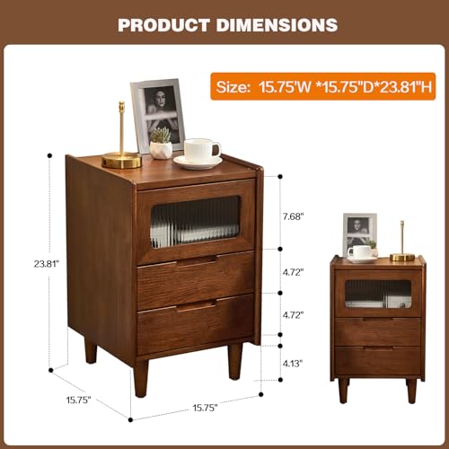 Mid-Century Modern Rubber Wood Nightstand, Narrow Bedside Table with Fluted Glass Cabinet & 2 Drawers, Walnut Finish for Small Bedroom Living Room, 15.75" W×15.75" D×23.81" H - size: 15.75"W × 15.75"D × 23.81"H