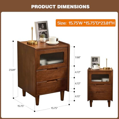 Mid-Century Modern Rubber Wood Nightstand, Narrow Bedside Table with Fluted Glass Cabinet & 2 Drawers, Walnut Finish for Small Bedroom Living Room, 15.75" W×15.75" D×23.81" H - size: 15.75"W × 15.75"D × 23.81"H