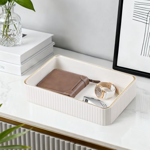 Desk Organizer Tray, PU Leather Nightstand Organizer Perfume Valet Tray for Men Women, Decorative Vanity Trays Trinket Dish Key Bowl for Entryway Bedside Table (Ivory, Medium) - color: Ivory, Medium
