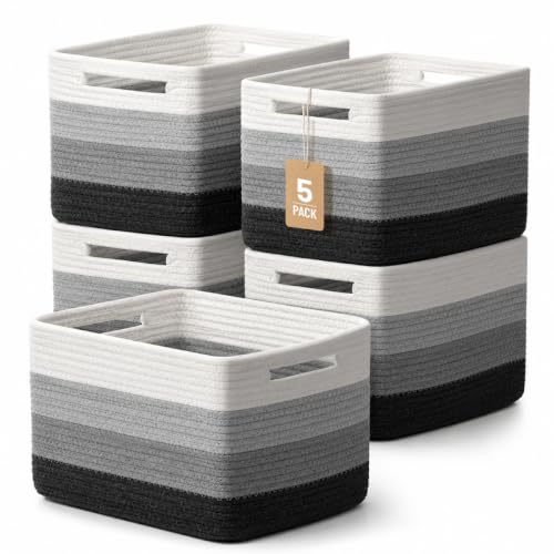 5 Pack Woven Storage Baskets for Shelves Organizing, Decorative Cotton Rope Organization Storage Bins for Socks, Book, Towel, Clothes, Closet, Nursery, Bathroom & Home Decor, Black White Ombre - color: White Black Ombre