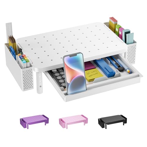 WALI Computer Monitor Stand with Storage, Desk Organizer with Drawer and Pen Holder, Desk Monitor Riser 3 Height Adjustable, Laptop Riser for Computer, Laptop, Printer(PTT003-W), 1 Pack, White - color: White, size: 14.6"L * 9.3"W,11" 1 Drawer, 2 Pen Holde