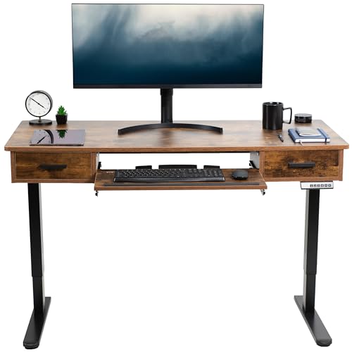 VIVO Electric Height Adjustable 55 x 24 inch Memory Stand Up Desk with Rear-Set Legs, Rustic Vintage Brown Table Top with Built-in Drawers and Keyboard Tray, Black Frame, DESK-KIT-RB5MN - color: Vintage Brown Top / Black Frame