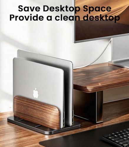 LOXP Vertical Laptop Stand, [Dual Slot Wooden + Aluminum Laptop Holder], Desktop Adjustable MacBook Stand, Adjustable Base, for MacBook Pro/Air, (up to 17.3-inch All laptops) - color: Classic Black