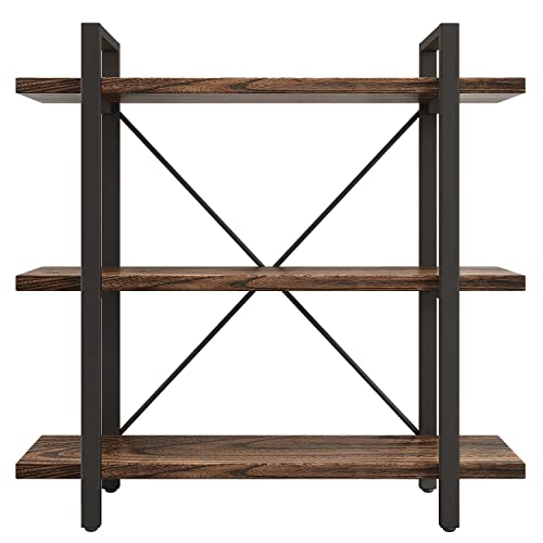 3 Tier Bookshelf Modern Rustic Open Bookshelf Office Solid Wood Bookcase and Book Shelves Wood and Metal Shelving Unit,Distressed Brown (AY-02-3Tier) - size: 3Tier