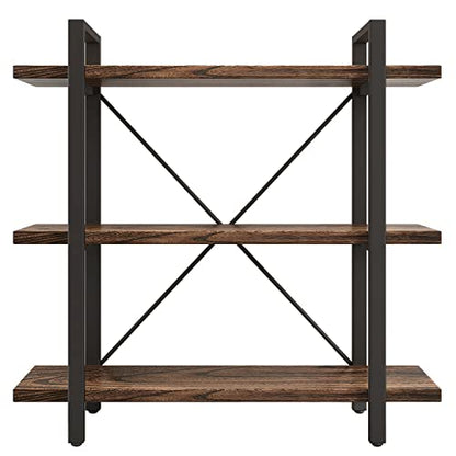 3 Tier Bookshelf Modern Rustic Open Bookshelf Office Solid Wood Bookcase and Book Shelves Wood and Metal Shelving Unit,Distressed Brown (AY-02-3Tier) - size: 3Tier